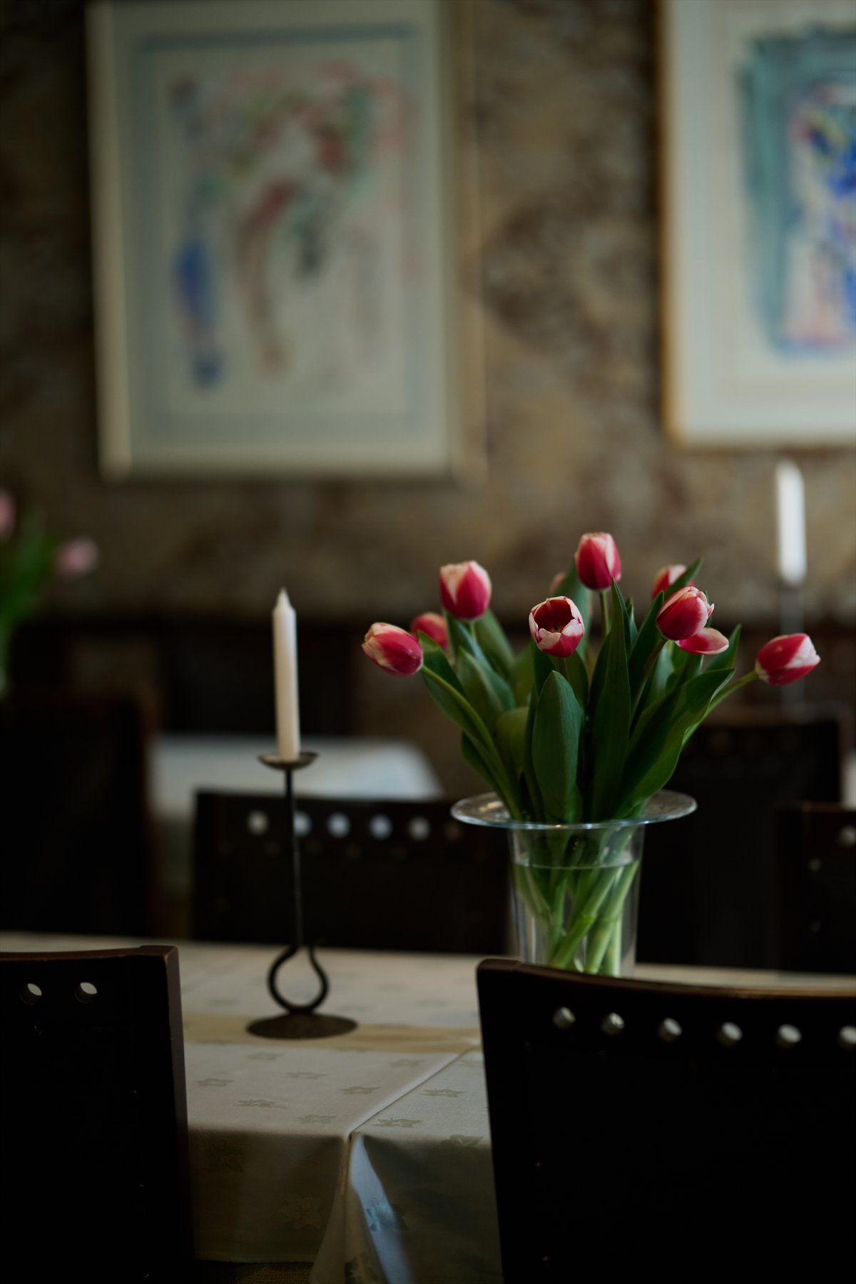 Close-up of tulips on a dining table inside Dolmama