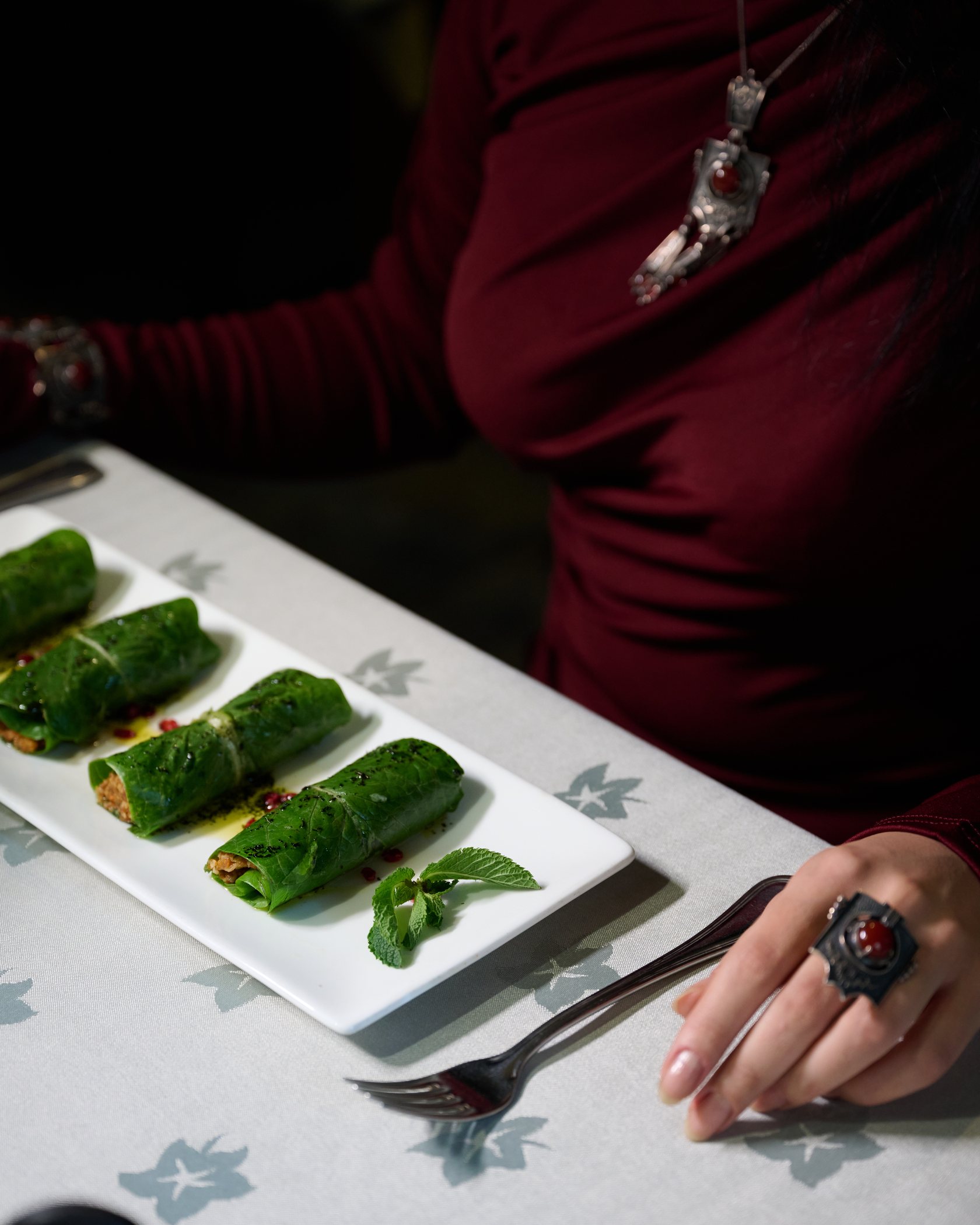 Close detail of grape leaf dolma served on porcelain