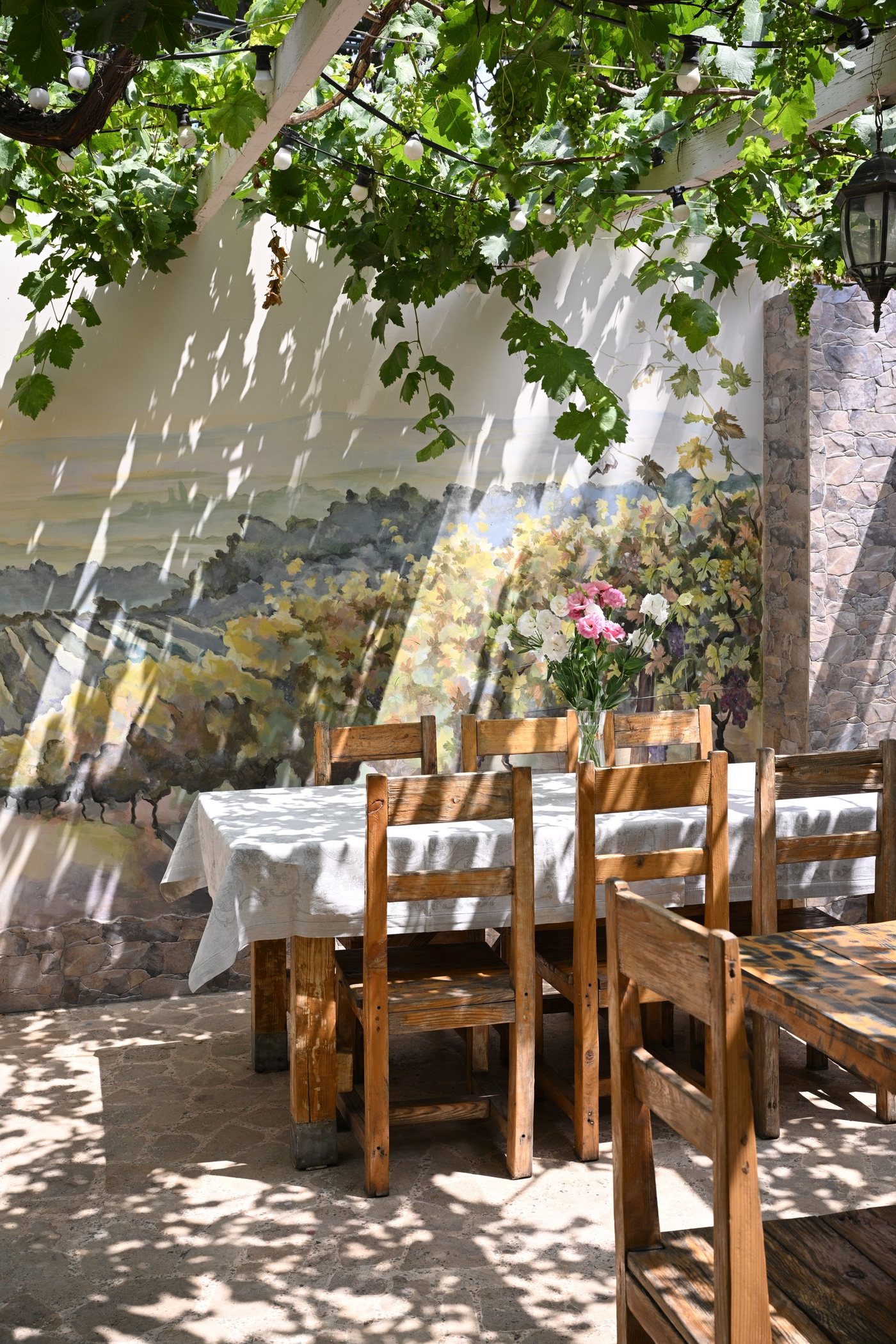 Courtyard table below grape vines and painted Armenian wall